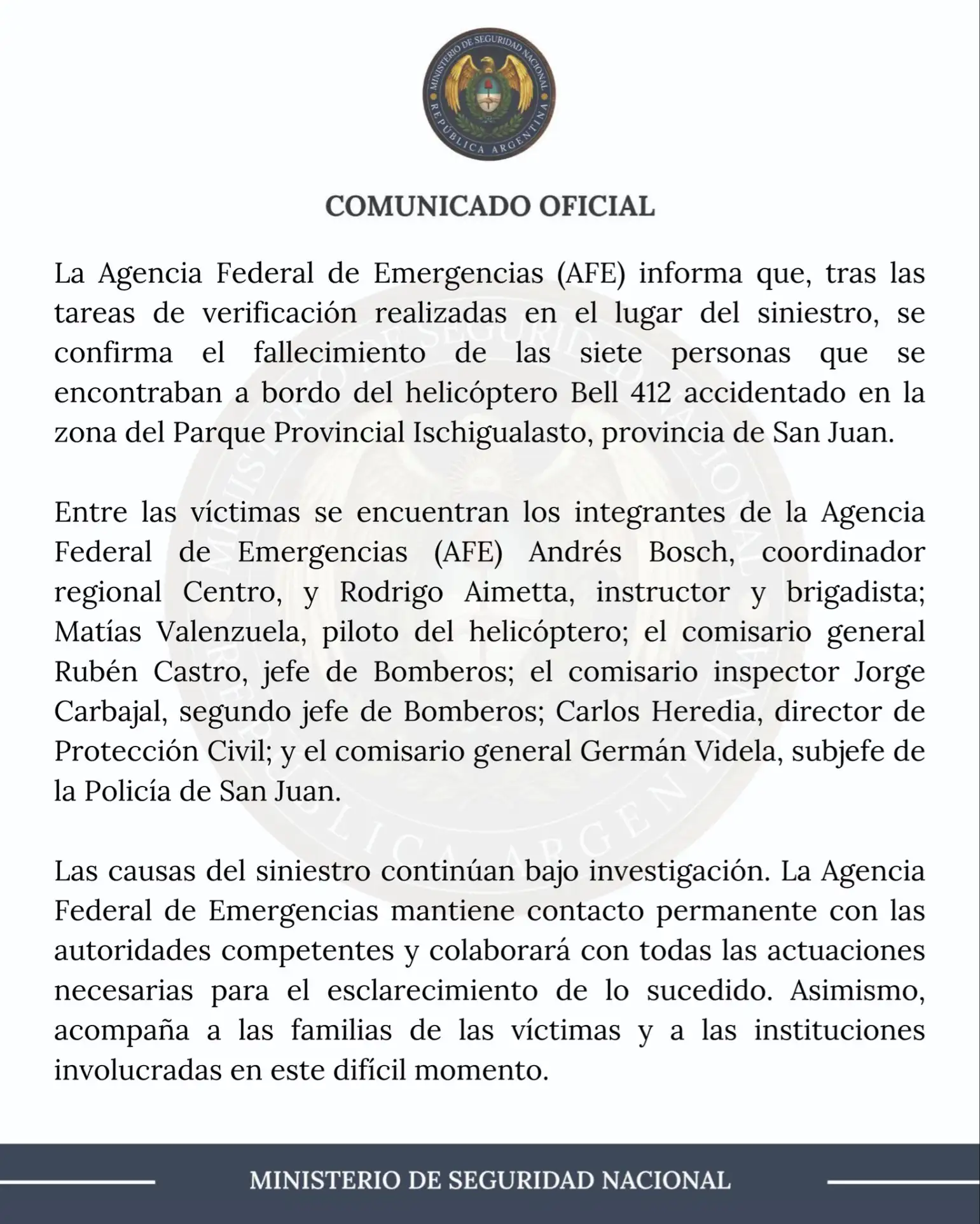 El comunicado emitido por la AFE.