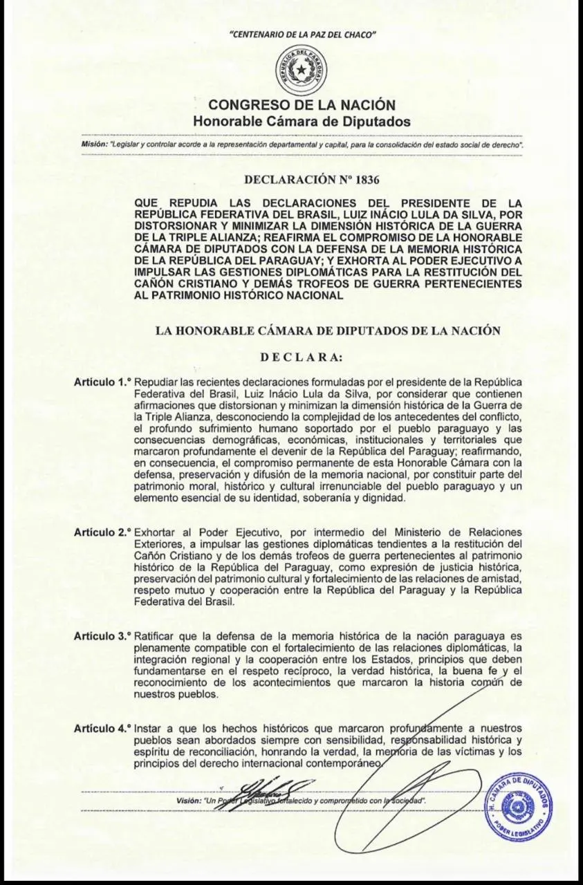 El repudió emitido por el Congreso Nacional de Paraguay.