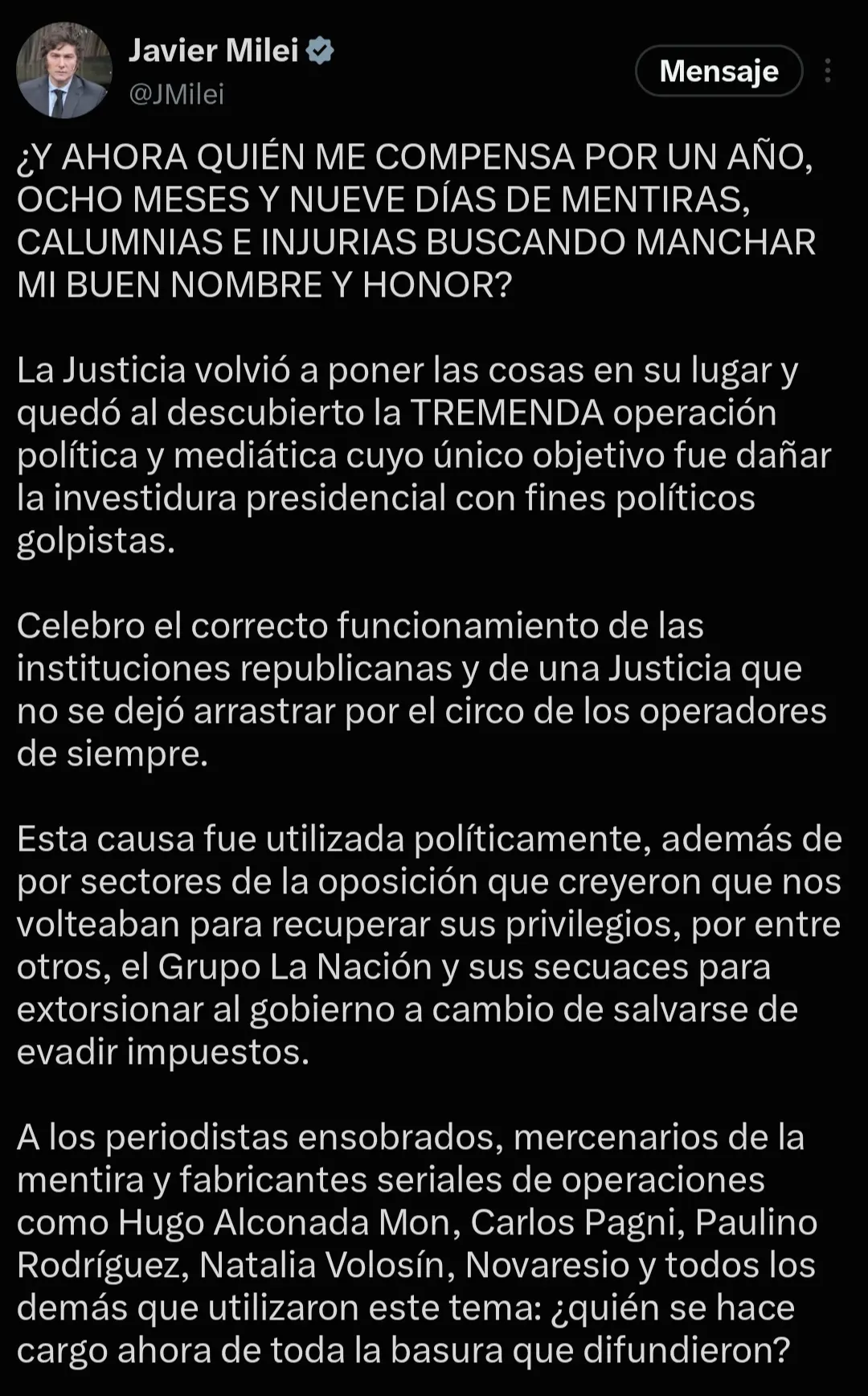 Fragmento del comunicado de Milei en sus redes sociales