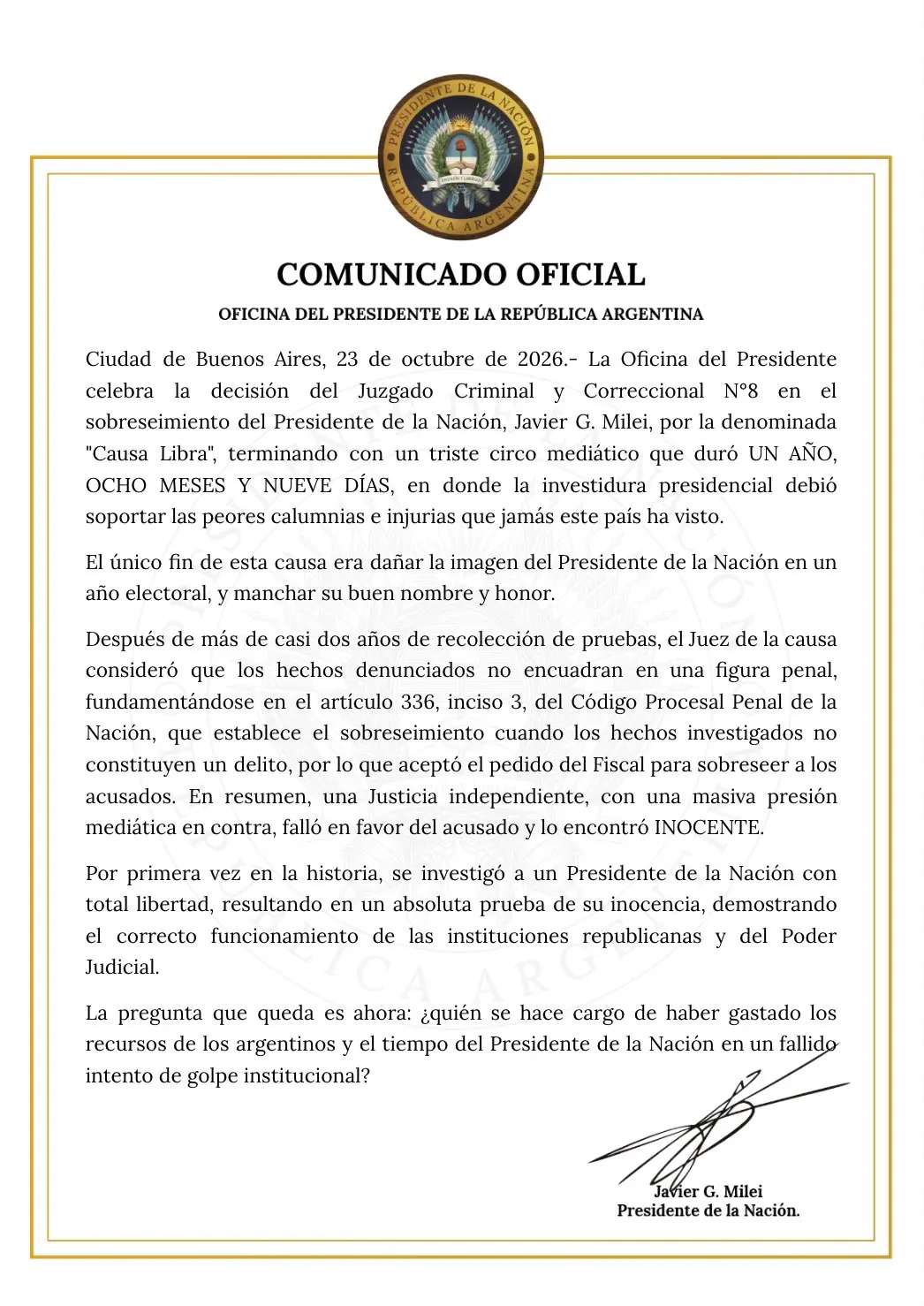 El comunicado emitido por la OPRA.