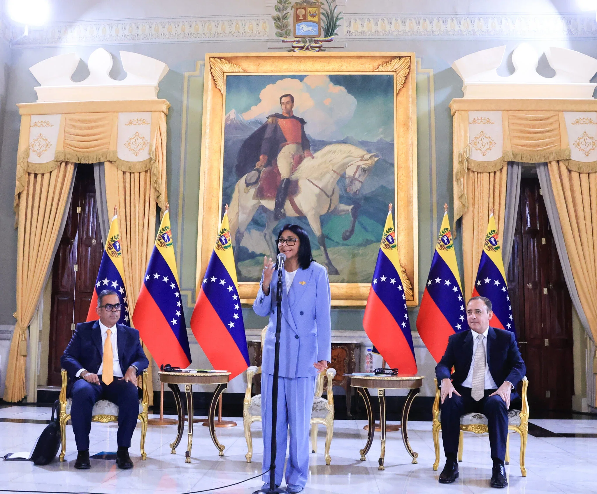 Delcy Rodriguez at the signing of the agreement at the Miraflores Palace