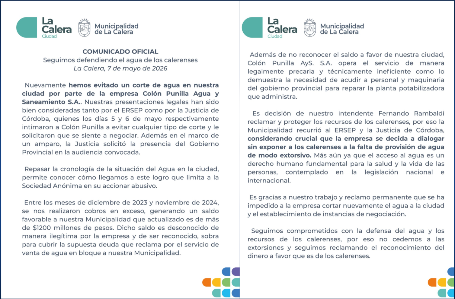 Comunicado oficial emitido por la Municipalidad de La Calera