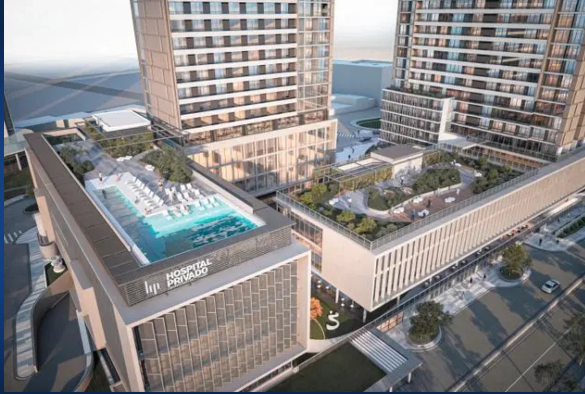 El complejo se organiza como un ecosistema que integra oficinas, residencias, comercios y hasta un nuevo centro médico del Hospital Privado de 9.230 metros cuadrados.