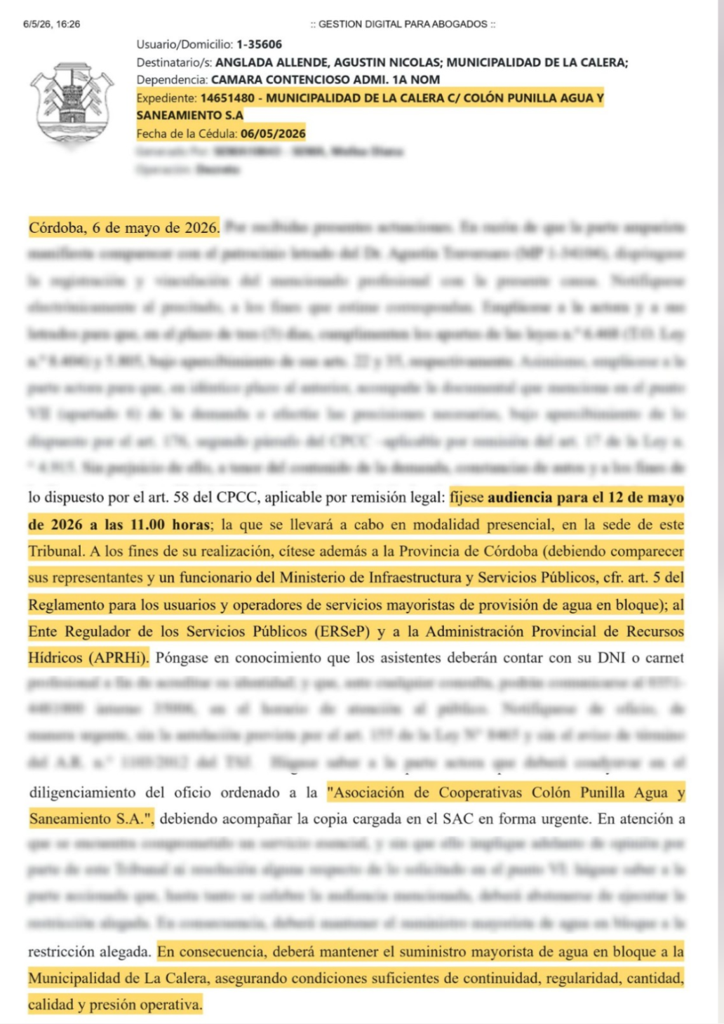 La audiencia por la problemática entre las partes fue fijada para el 12 de mayo del corriente año-