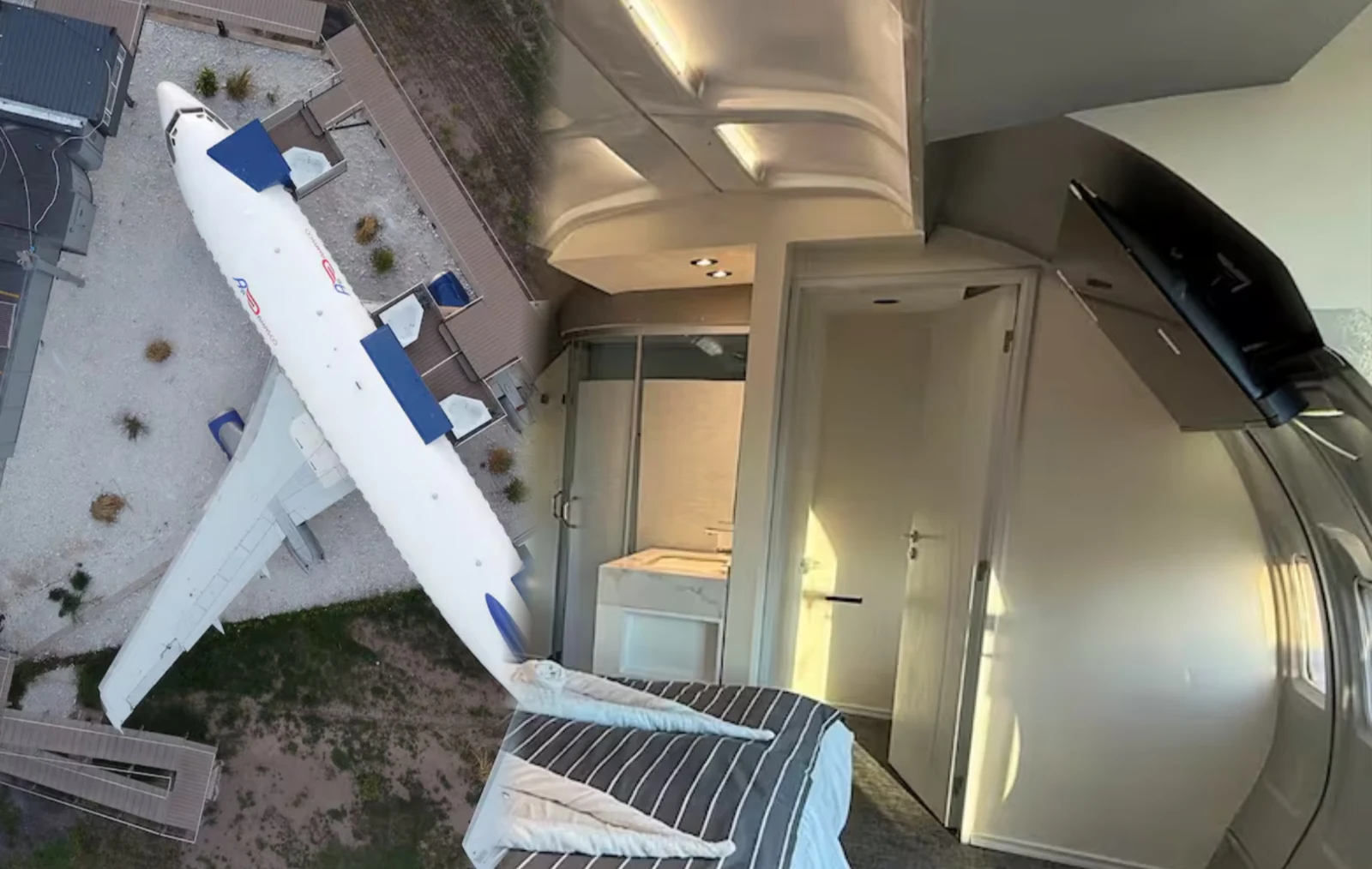 Vista aérea de uno de los aviones de Air Damasco, con los jacuzzis privados sobre los balcones, y el interior de una de las habitaciones, insonorizada y con camas de dos metros.