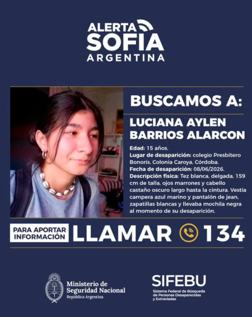 El Ministerio de Seguridad Nacional activó la Alerta Sofía por la desaparición de Luciana Aylen Barrios Alarcón en Colonia Caroya, Córdoba