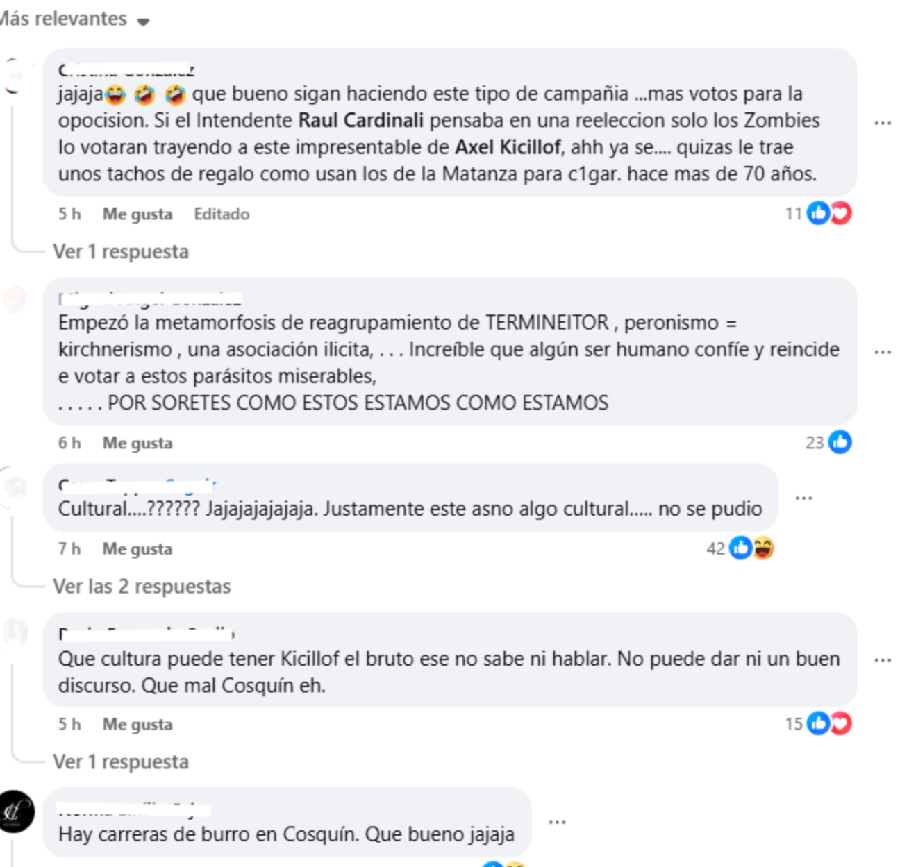 Algunos comentarios en rechazo a la visita de Axel Kicillof en redes sociales de medios locales.