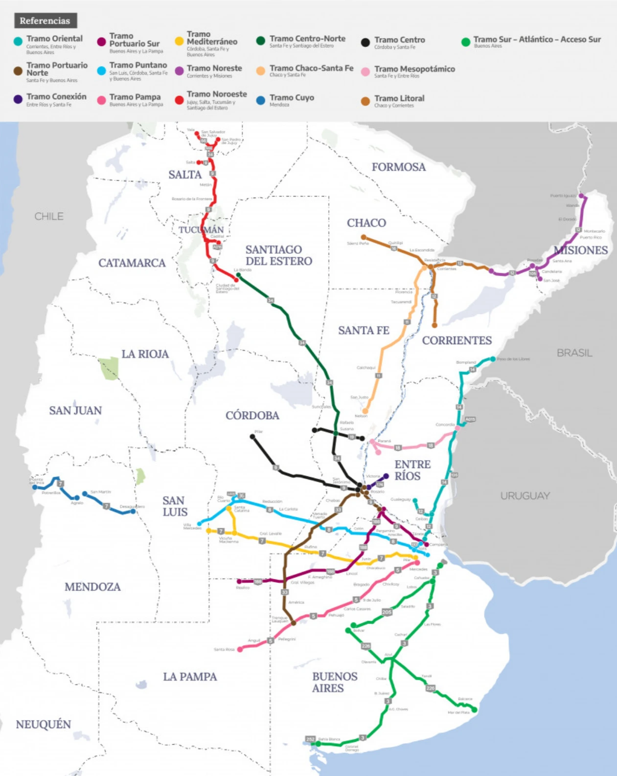 Mapa de la Red Federal de Concesiones: con la Etapa III, más de 9.000 km de rutas nacionales pasan a gestión privada, entre ellos el Tramo Centro que cruza Córdoba.