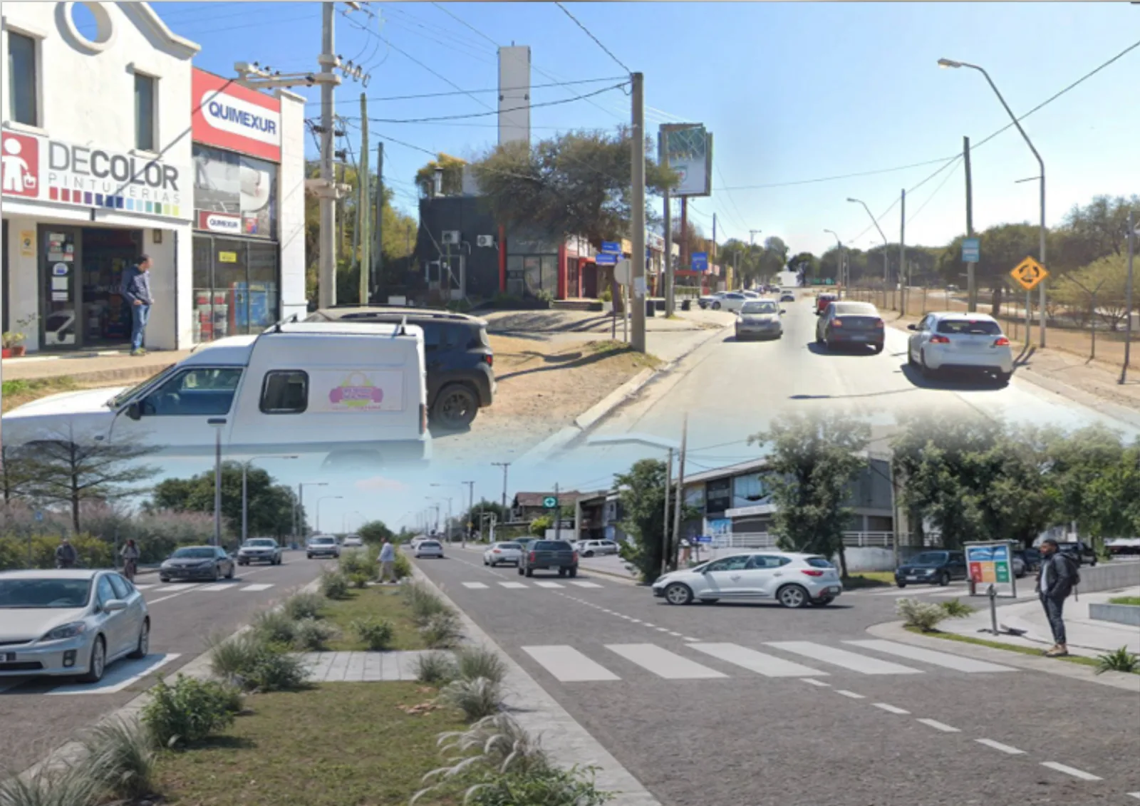 Comparativa de la situación actual de la Av. Los Álamos (arriba) y como debería estar la calzada de la Av. Los Álamos luego de las obras que aún no arrancaron.