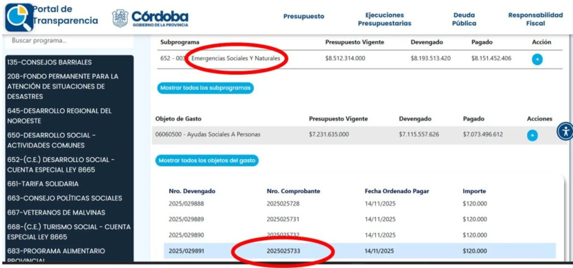 Según los comprobantes hallados en el Portal de Transparencia, se trató de dos pagos de $120.000 cada uno