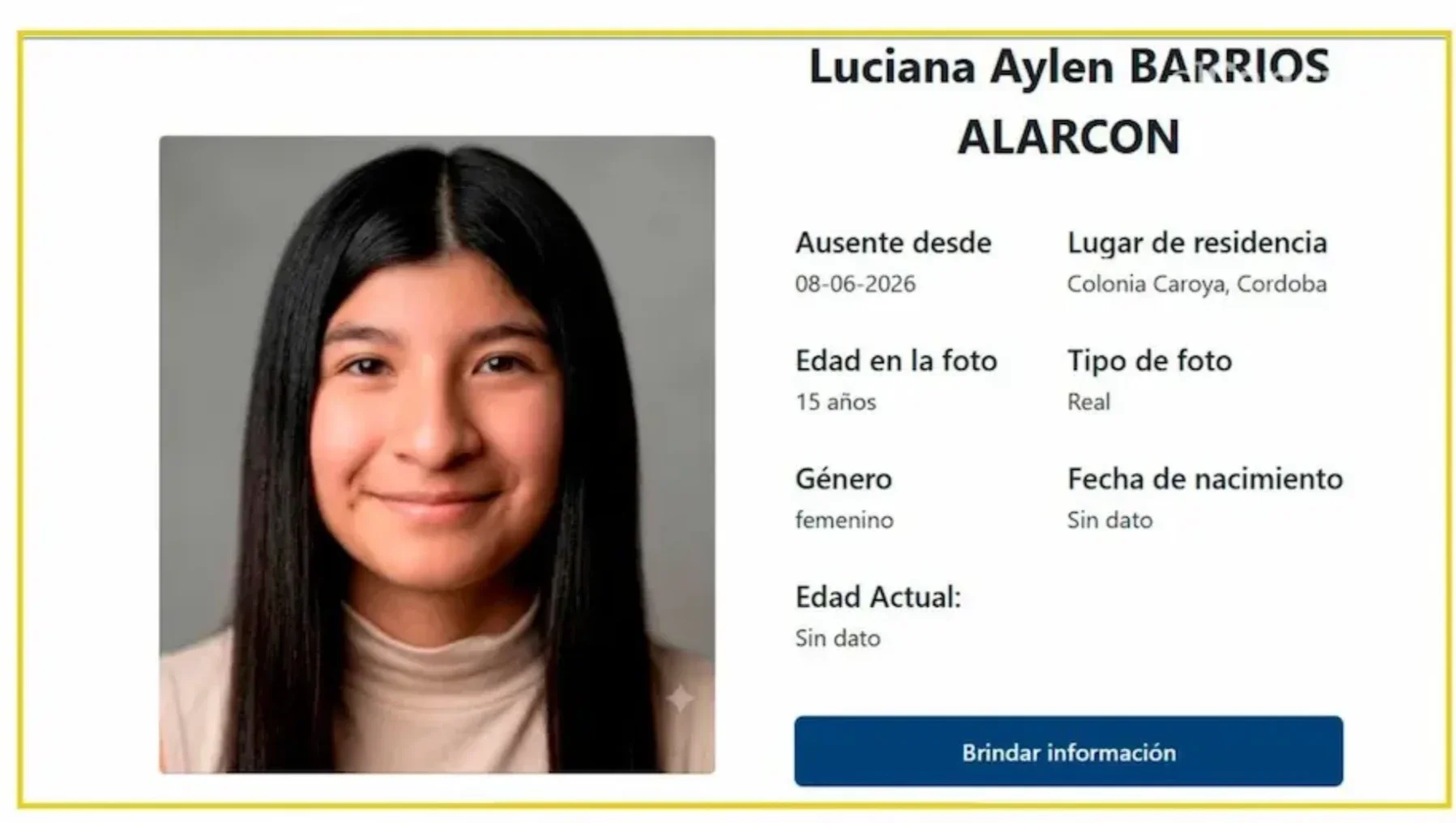 El Ministerio de Seguridad Nacional activó la Alerta Sofía por la desaparición de Luciana Aylen Barrios Alarcón en Colonia Caroya, Córdoba