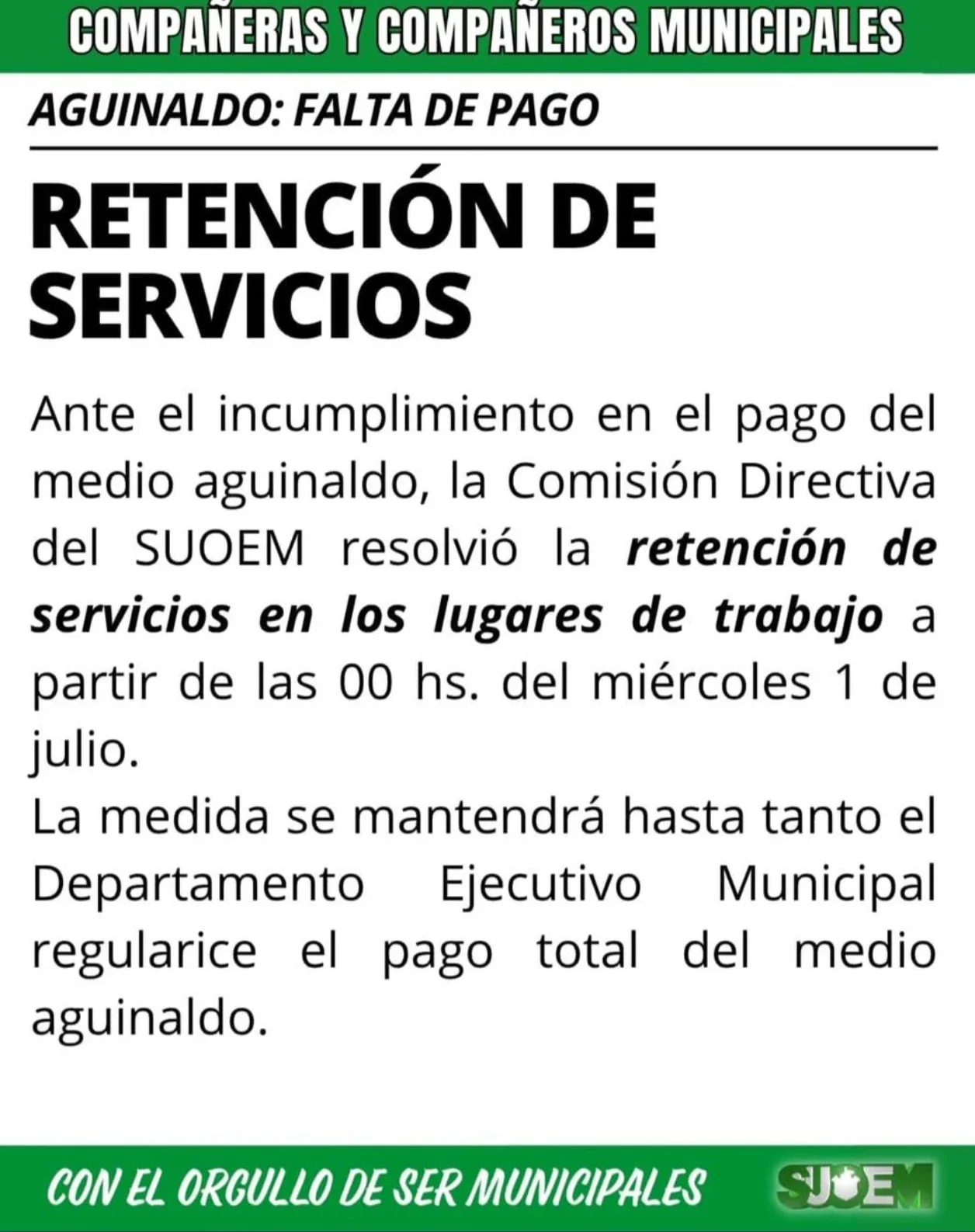 Comunicado emitio por SUOEM respecto al cese de actividades de trabajadores municipales.
