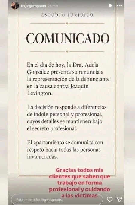 El comunicado con el que la abogada dio a conocer que abandonaba el caso