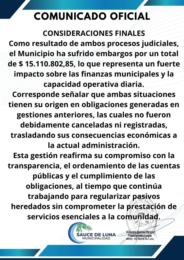 Parte del comunicado emitido por el municipio sobre el embargo.