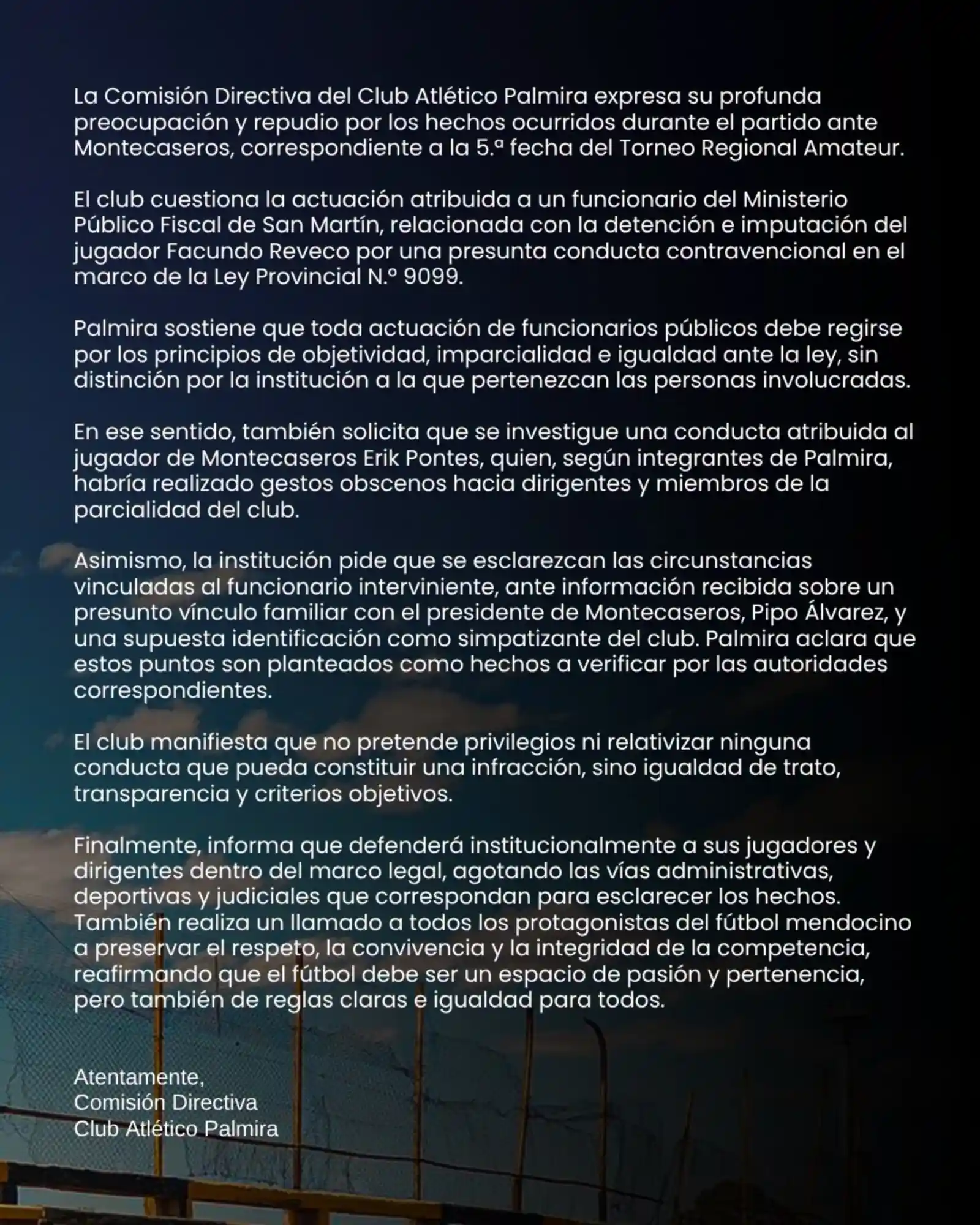 El comunicado de Atlético Palmira