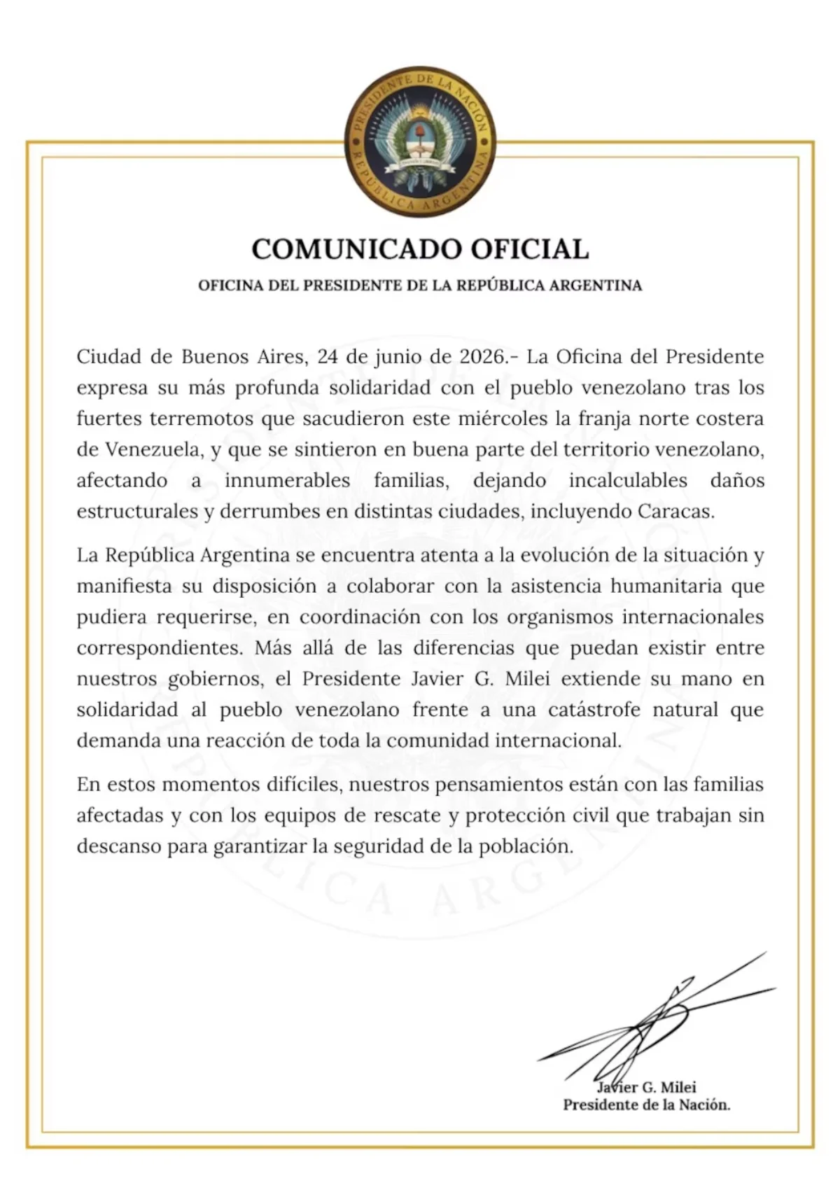 El comunicado emitido por la Oficina del Presidente de la República Argentina.