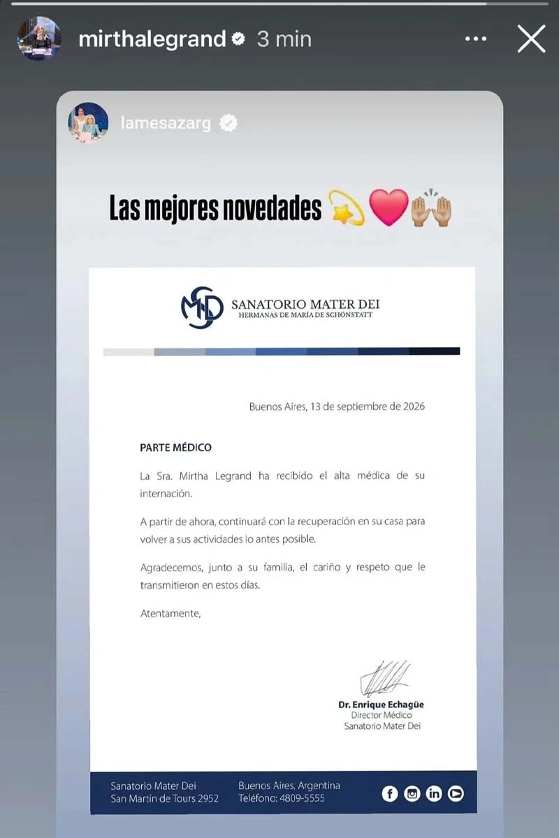 ¿Qué informó el Sanatorio Mater Dei sobre Mirtha Legrand?