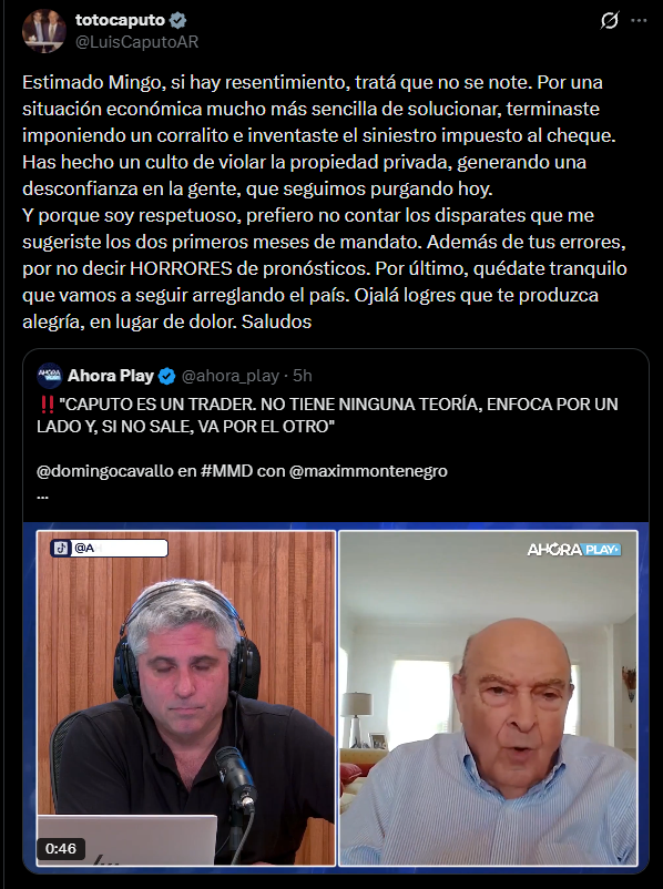 El ministro cruzó a Domingo Cavallo en su cuenta de X (ex Twitter)