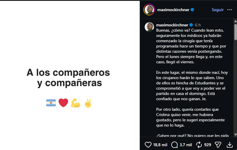 Máximo Kirchner's post