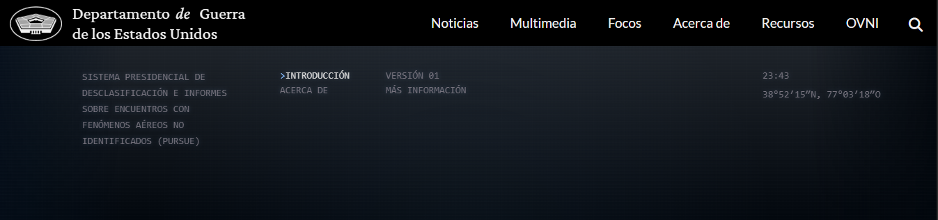 Así se ve el portal del Departamento de Guerra de los Estados Unidos donde se puede obtener información oficial sobre ovnis