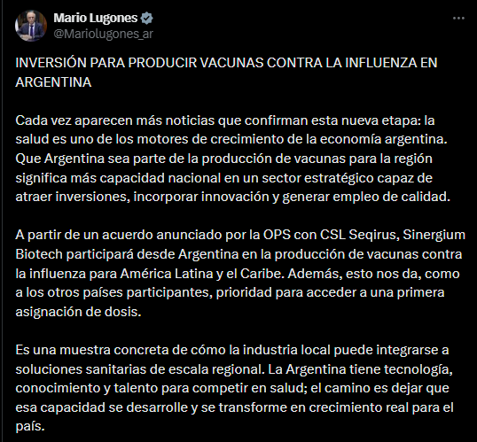 El comunicado de Mario Lugones.