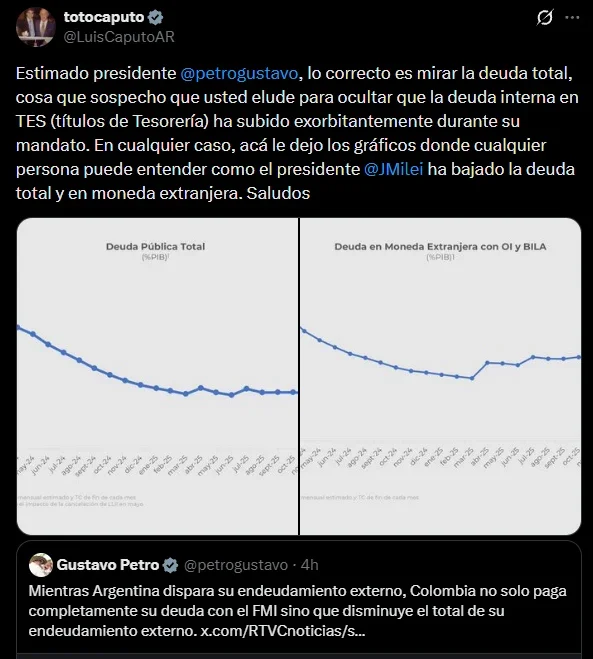La respuesta de Luis Caputo al presidente colombiano.