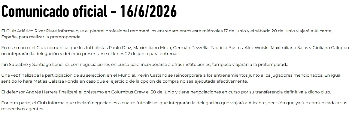 El comunicado de River