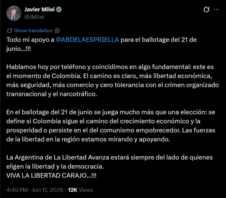 El presidente, Javier Milei en X: