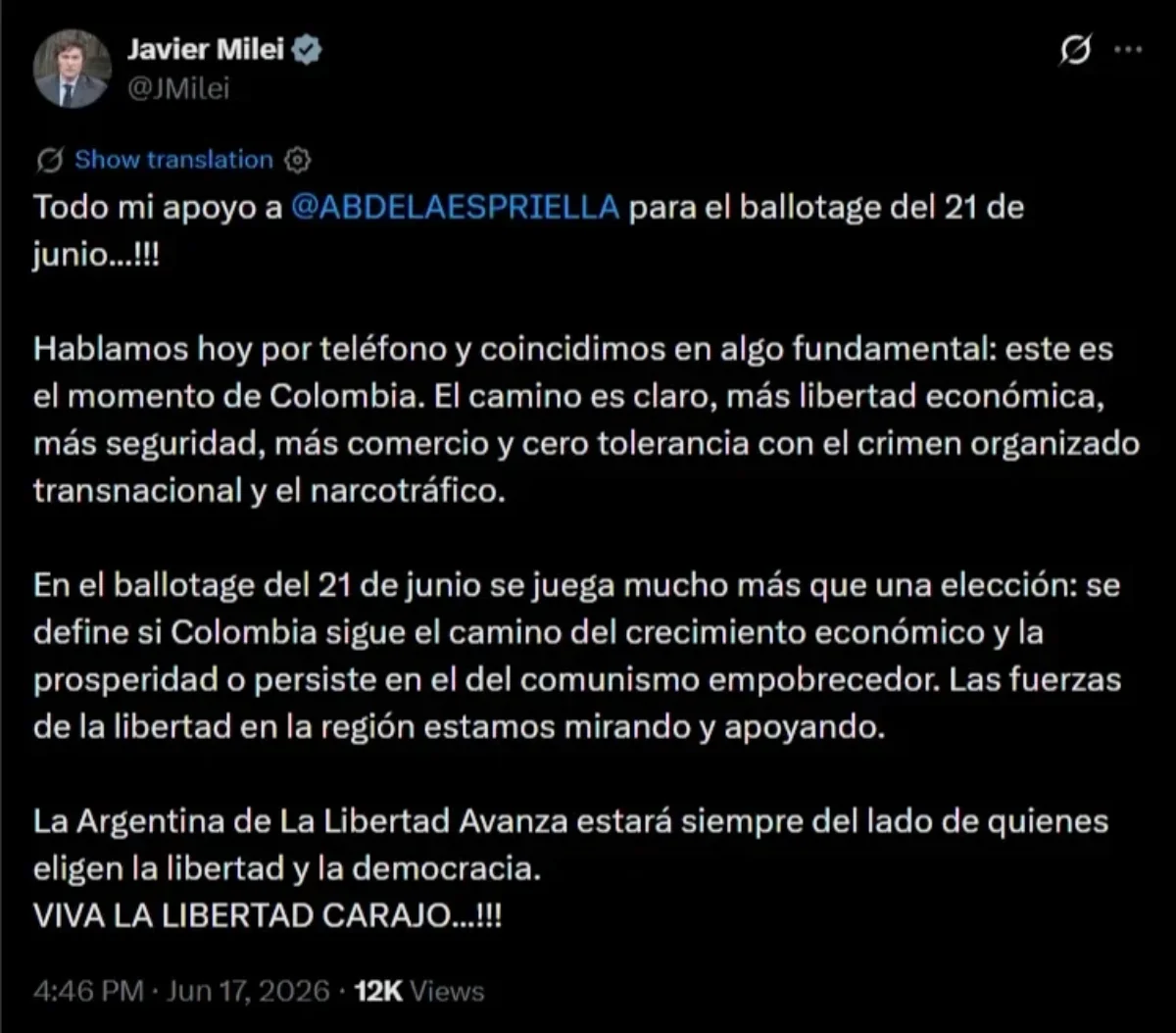 Javier Milei expressed his support for Abelardo through his social media.