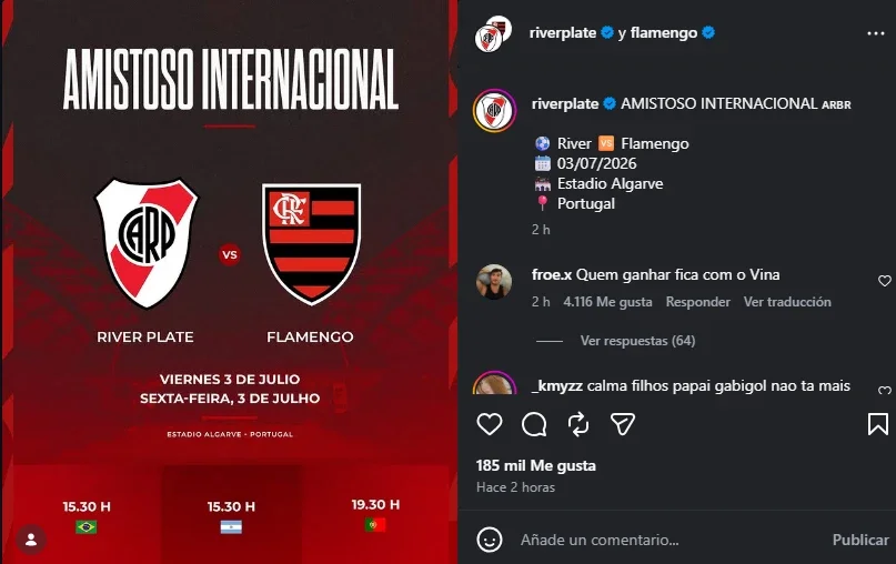 The joint post by River and Flamengo announcing the friendly match