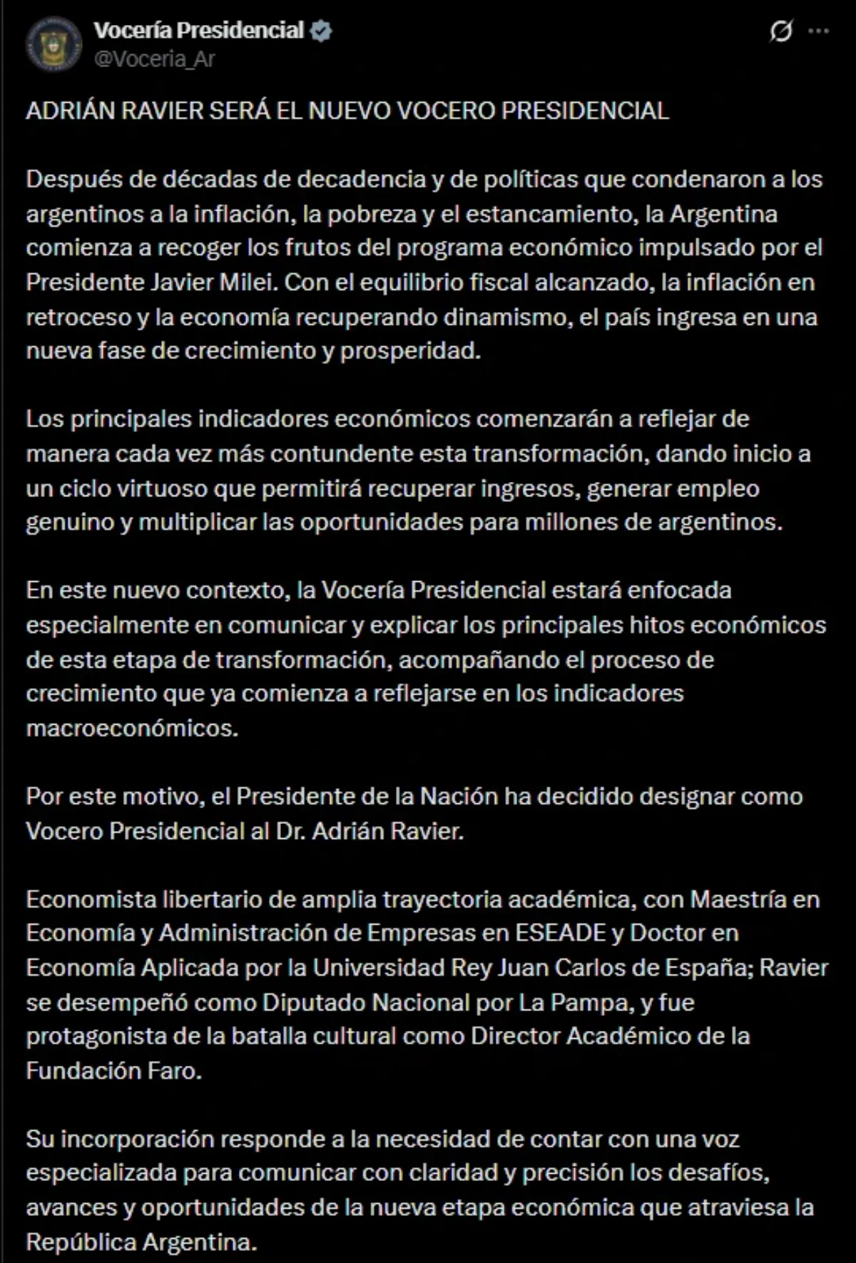 El mensaje de la Vocería Presidencial.