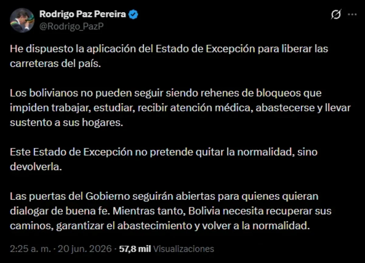 Rodrigo Paz's post on the social network X