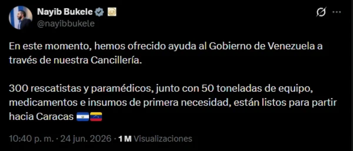 Nayib Bukele se sumó al apoyo regional ante la catástrofe.