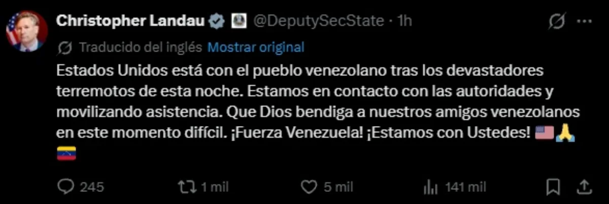 El post del subsecretario de Estado norteamericano, Christopher Landau.