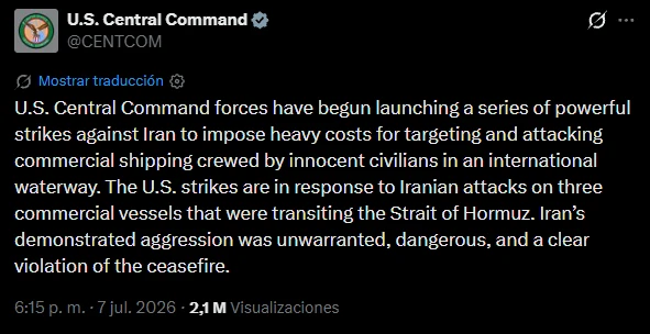 El comunicado publicando por el Comando Central en X.