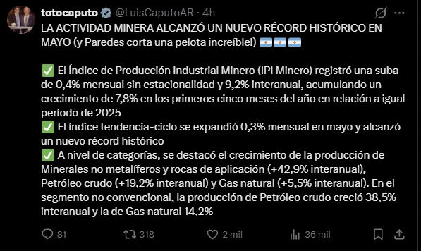 El post del Ministro de Economía el la red social X.