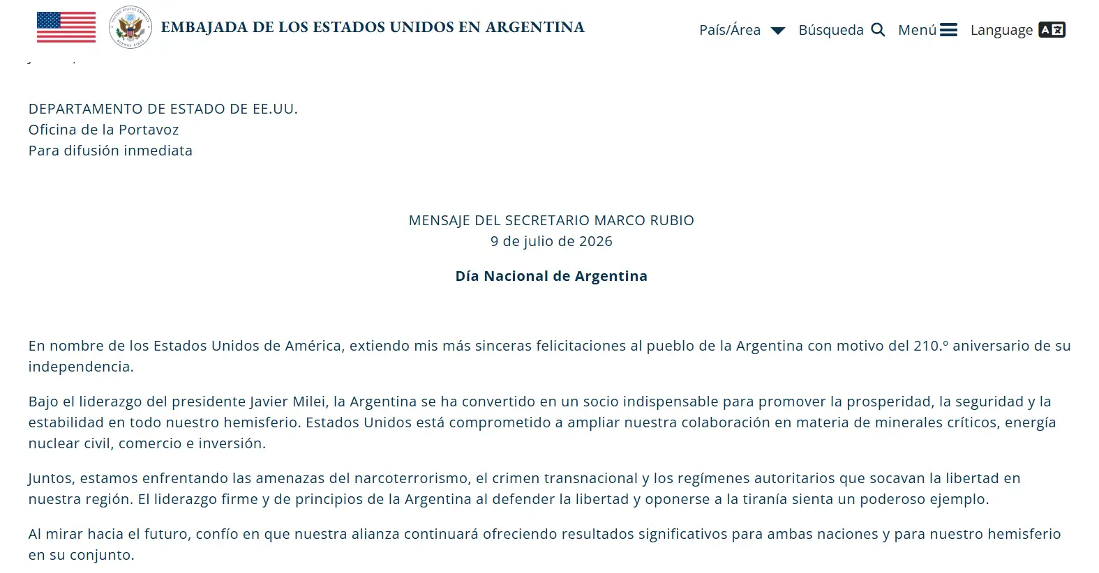 Official statement from the United States