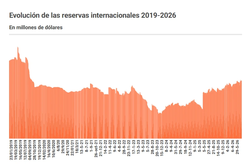 El Banco Central adquirió la gran cifra de USD 345 millones para sus reservas Reservas Internacionales 2019-2026.