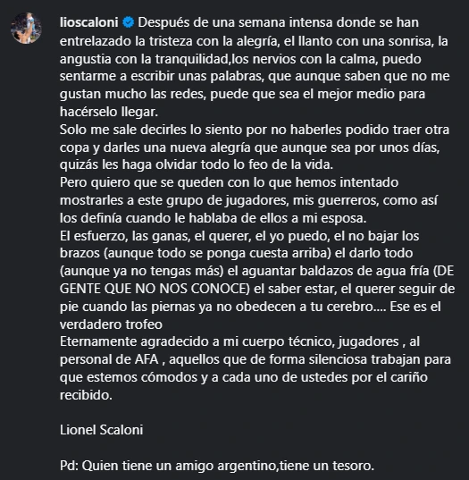 El posteo de Scaloni en Instagram