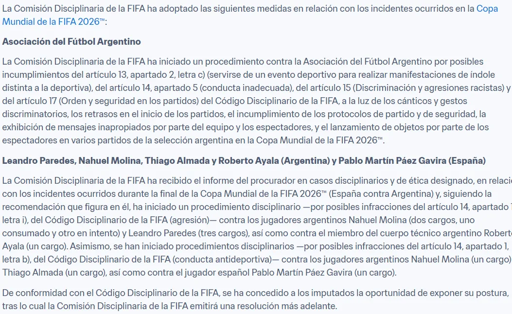 El comunicado completo de Comisión Disciplinaria de la FIFA