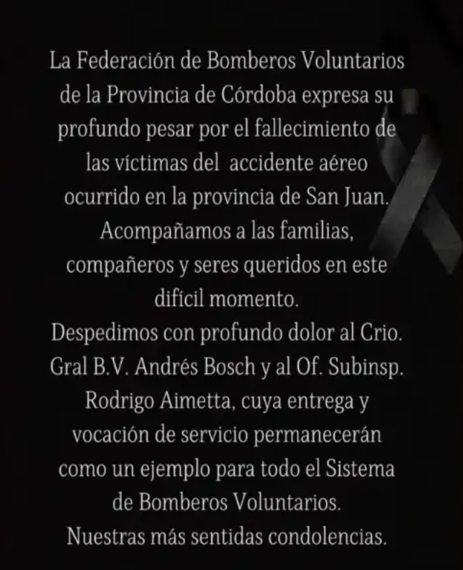 Comunicado difundido por la Federación de Bomberos Voluntarios de la Provincia de Córdoba