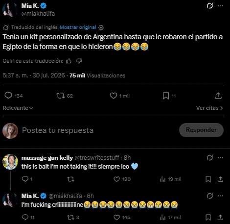 Mia Khalifa hablando del partido de Argentina contra Egipto