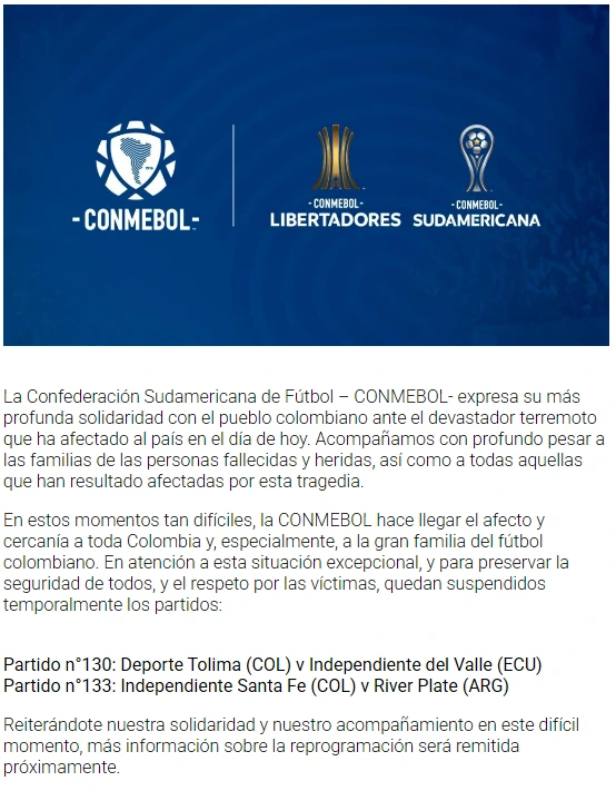 El comunicado de CONMEBOL sobre la suspensión del Independiente Santa Fe - River y el Deportes Tolima - Independiente del Valle
