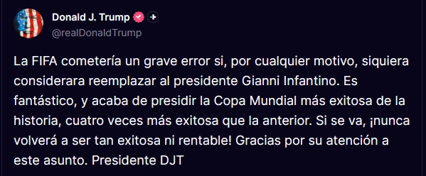 El posteo de Trump en Truth Social