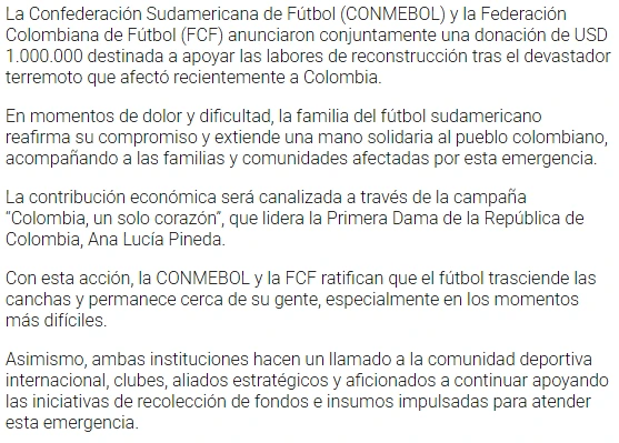 The CONMEBOL statement announcing the donation