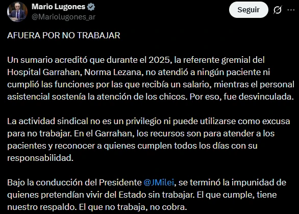 The post from the Minister of Health of the Nation, Mario Lugones