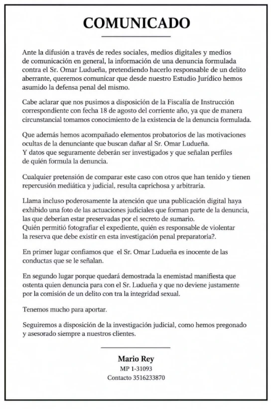 Comunicado difundido por Mario Rey, abogado defensor de Omar Ludeña