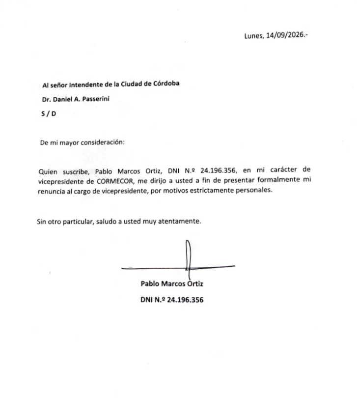 Nota enviada por Ortiz donde le comunica su renuncia al intendente de Córdoba