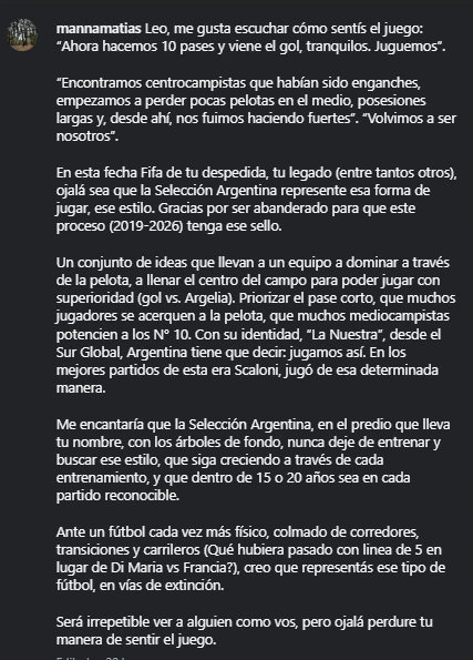 El mensaje de Matías Manna a Messi