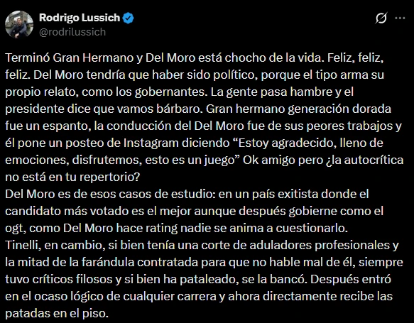 Rodrigo Lussich analizó la última temporada de Gran Hermano en X